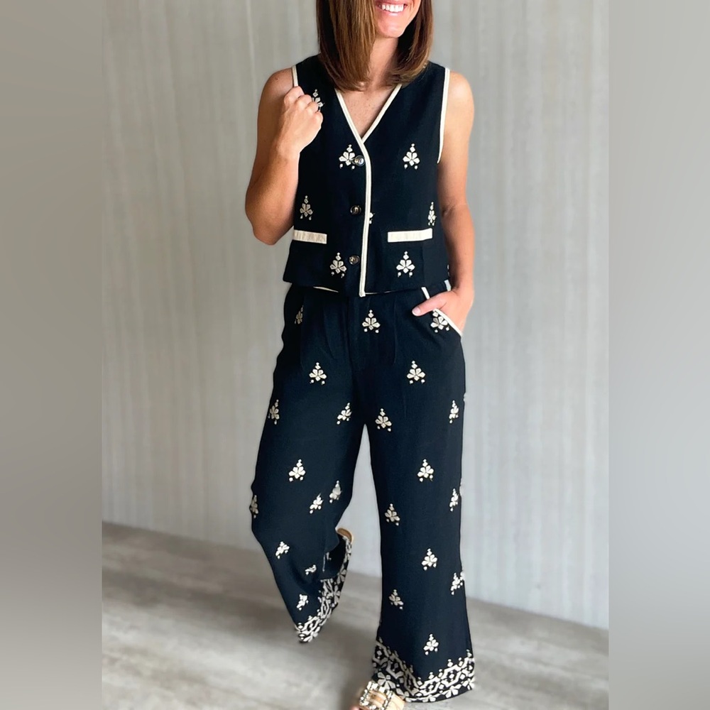 &Merci Embroidered Black Vest & Pants Set